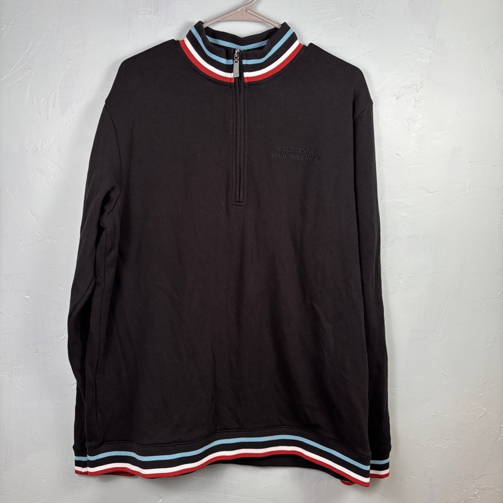 Walt Disney Imagineering Men's Black Zip-Up Sweater with Red and Blue Stripes